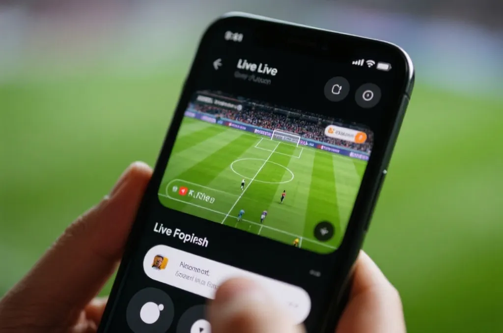 Close up of a smartphone displaying a live soccer match broadcast, modern app UI